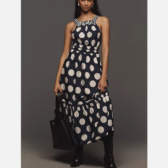 Anthropologie The Somerset Maxi Dress Poplin Halter Tiered Cotton Navy L NWT